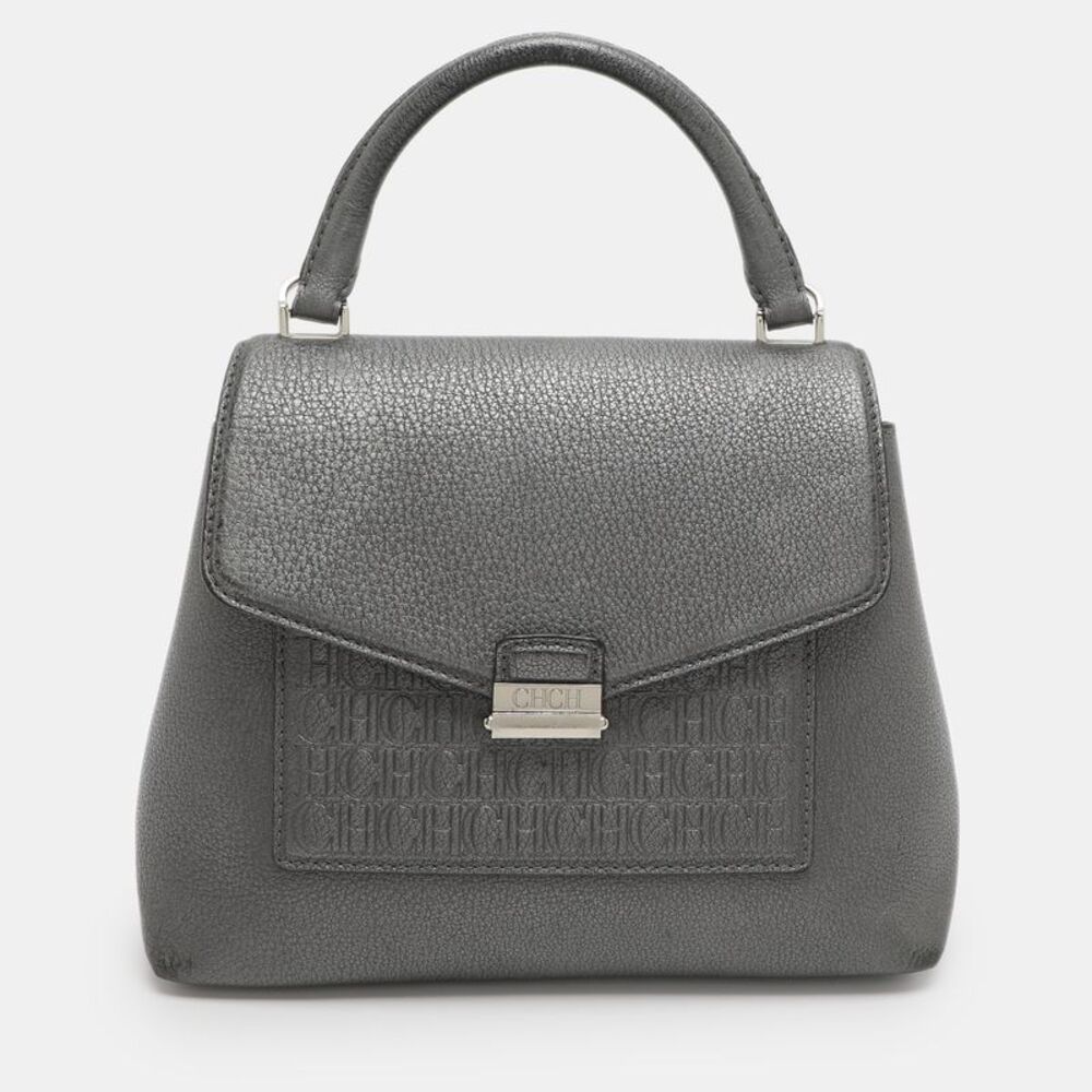 Ch Carolina Herrera Small Silver Monogram Embossed Leather Top Handle Bag